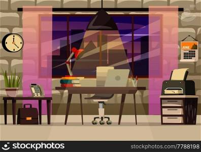 Office desk colored orthogonal composition with atmosphere in dark empty office vector illustration. Office Desk Orthogonal Composition