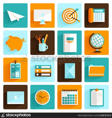 Office desk icons flat set of pass folders clock and stationery isolated vector illustration