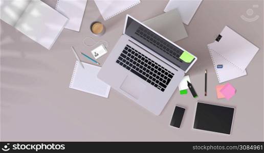Office desk. Realistic mockup with modern devices, workplace with desktop computer, cup of coffee and office stationery. Vector 3D illustration interior design home table workplace. Office desk. Realistic mockup with modern devices, workplace with desktop computer, cup of coffee and office stationery. Vector 3D interior design