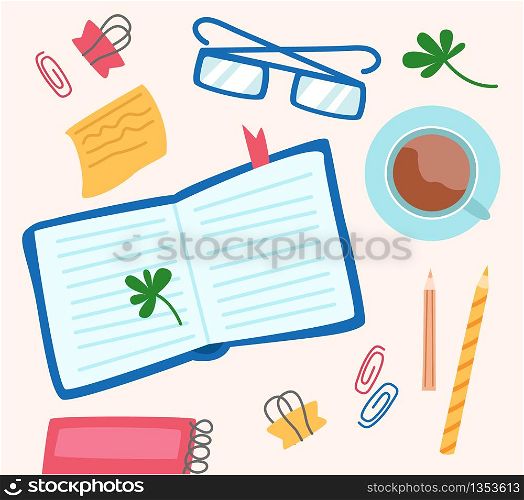 Office desk top view - book, glasses, note paper, coffee cup, notebook and pencil. Flat lay stationery for office work or study, modern flat cartoon square composition literature concept - vector. Literature fans people with books