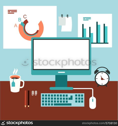 office desk with computer and graphics illustration