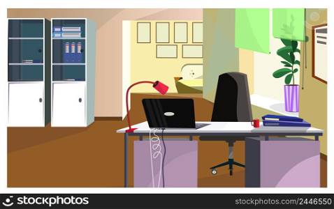 Office desk with laptop and folders vector illustration. Administrators workplace in room with cupboards and sofa in waiting space. Workspace concept