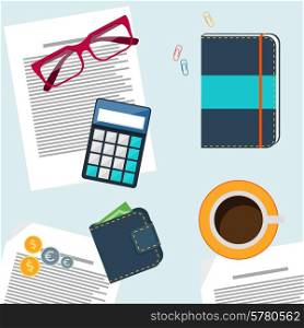 Office desktop with item icons. Concept of office work calculator, coffee, cup, glasses, purse
