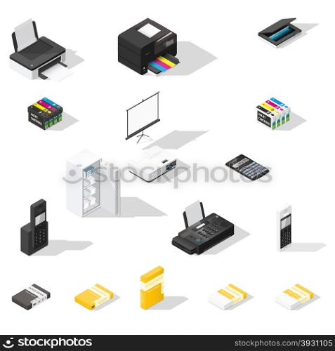 Office detailed isometric icon set. Office detailed isometric icon set vector graphic illustration