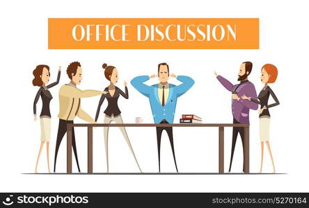 Office Discussion Cartoon Style Illustration. Stylish men and women around wooden table during emotional discussion in office cartoon style vector Illustration