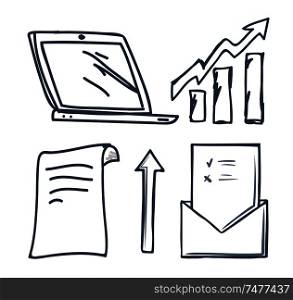 Office document and raising arrows set vector. Laptop screen monitor of gadget, sheet of paper and charts info. Message in envelope, correspondence. Office Document and Raising Arrows Set Vector