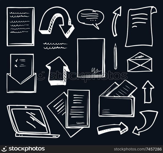 Office documentation and arrows showing direction isolated icons set vector. Message and envelope with page, correspondence and laptop screen monitor. Office Documentation and Arrows Icons Set Vector
