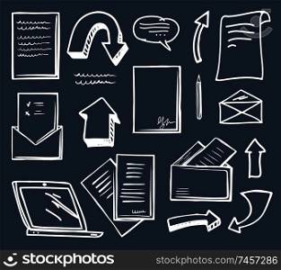 Office documentation and arrows showing direction isolated icons set vector. Message and envelope with page, correspondence and laptop screen monitor. Office Documentation and Arrows Icons Set Vector