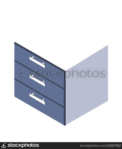 Office drawer isometric icon for safe paper document. Vector box office storage for file paper, furniture for paperwork illustration. Office drawer isometric icon for safe paper document
