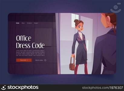 Office dress code cartoon landing page. Business woman looking at her reflection in mirror at lobby. Clerk, manager or businesswoman evaluating her attire. Formal clothes fashion, Vector illustration. Office dress code cartoon landing, business woman