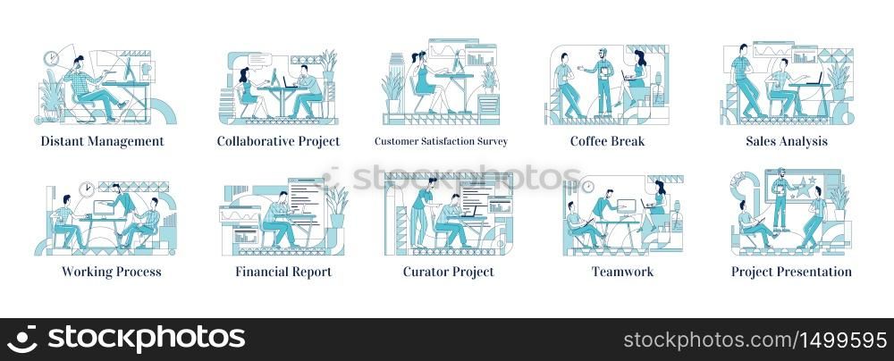 Office employees at work flat silhouette vector illustrations set. Distant manager, corporate coworkers outline characters on white background. Financial report, teamwork simple style drawings pack