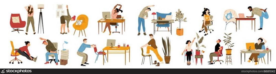 Office employees exercise at work, stretch near the desk isolated set. People practicing workout at workplace doing squats, leans and lunges enjoying break, Cartoon linear flat vector illustration. Office employees exercise at work, stretch at desk