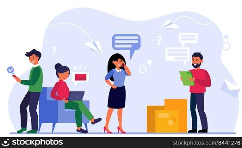 Office employees receiving package from courier. Workers using cellphones and laptop flat vector illustration. Communication, delivery service concept for banner, website design or landing web page