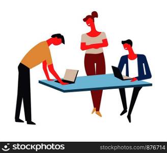 Office employees work in team at table with laptops. Woman observe process and men watch at computer screens. Project development and brainstorming isolated cartoon flat vector illustration.. Office workers work in team at table with laptops