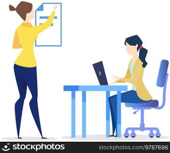 Office employees work with computer, technology. Woman hangs poster of computer desktop document. Work in office, coworking, collaboration with colleagues concept. Workers doing tasks at workplace. Office employees work with computer, technology. Workers doing tasks, coworking at workplace
