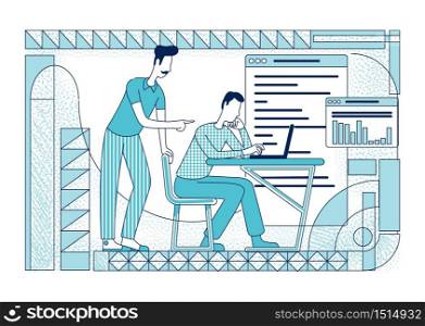 Office employees working on analytics project flat silhouette vector illustration. Boss training new worker outline characters on white background. Coworkers brainstorming simple style drawing