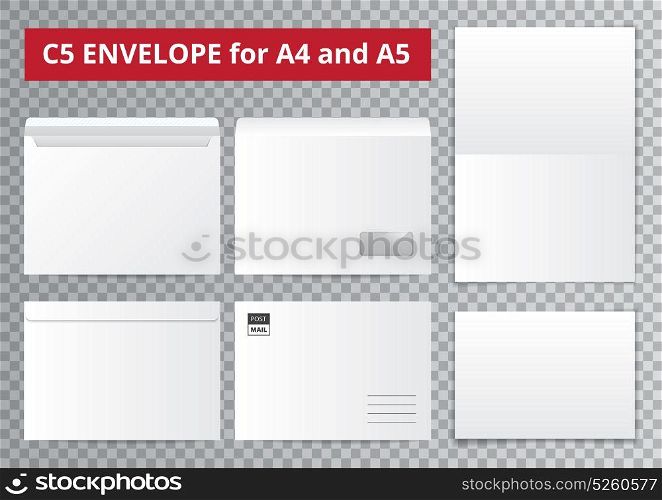 Office Envelopes Transparent Collection. Office documents template set with isolated blank paper sheet and mail envelope images on transparent background vector illustration