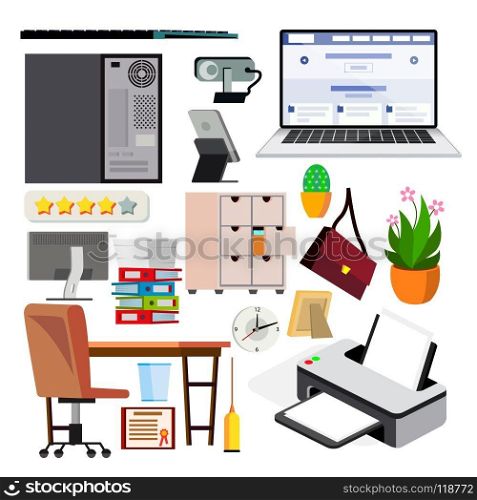Office Equipment Set Vector. Keyboard, Electronics Digital Items. Icons. Business Work Flow. Paper And Desktop Objects. Technology. Isolated Flat Illustration. Office Equipment Set Vector. Computer, Laptop, Monitor. Icons. Business Workspace. Hardware And Gadgets. Elements. Isolated Flat Illustration