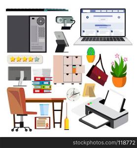 Office Equipment Set Vector. Keyboard, Electronics Digital Items. Icons. Business Work Flow. Paper And Desktop Objects. Technology. Isolated Flat Illustration. Office Equipment Set Vector. Computer, Laptop, Monitor. Icons. Business Workspace. Hardware And Gadgets. Elements. Isolated Flat Illustration