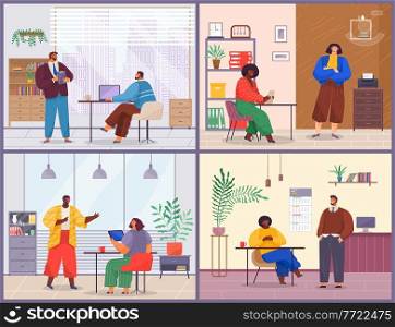 Office executive employees do different duties. Men and women use devices. Cozy rooms, cabinet, bookcase, folders, printer, potted plant, ceiling lighting, calendar. Communication and work in office. Set of office workers images . Bosses and subordinates. Office space, equipment, coffee break