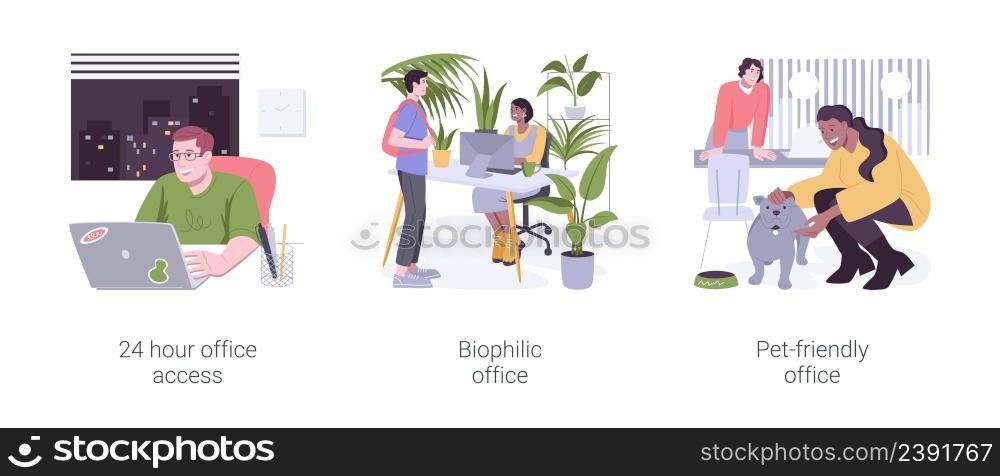 Office facilities and design isolated cartoon vector illustrations set. 24 hour smart office access, biophilic office space, pet-friendly modern workplace, vertical garden vector cartoon.. Office facilities and design isolated cartoon vector illustrations set.