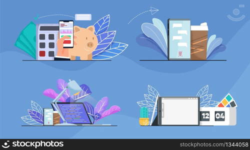 Office, Finance Analysis and Time Management Set. Piggy Bank, Calculator, Mobile with Open Application. Phone with Free Chat and Coffee Cup. Workers Accessories. Cartoon Vector Flat Illustration. Office, Finance Analysis and Time Management Set