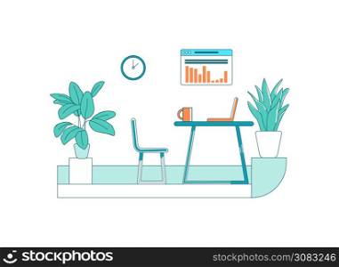Office flat color vector scene. Work place for corporate employee. Desk with computer to analyze data. Cabinet space isolated cartoon illustration for web graphic design and animation. Office flat color vector scene