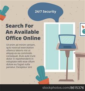 Office for rent, search for workspace online, 24 7 security and guarantee. Available places for working, employees spaces for coworking and business leading development. Vector in flat style. Search for available office for rent online vector