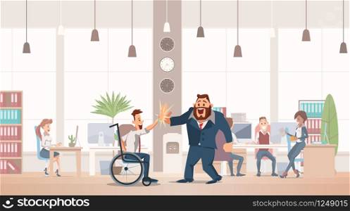 Office Fun Concept. Coworking Workspace. People Work in Office. Happy Workers in Workplace. Corporate Culture in Company. Invalid in Wheelchair at Office. Business Teamwork. Vector Flat Illustration.. People Work in Office. Vector Illustration.