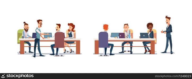 Office Fun Concept. Coworking Workspace. People Work in Office. Happy Workers in Workplace. Corporate Culture in Company. Cheerful Working Day. Business People Teamwork. Vector Flat Illustration.. People Work in Office. Vector Illustration.