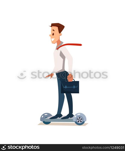 Office Fun. Office Workers at Gyroscooter. Corporate Culture in Company. Cheerful Working Day. Happy Man at Work in Office. Employee enjoys Success. Man in suit is Smiling. Vector Illustration.. Office Fun. Vector Flat Illustration.