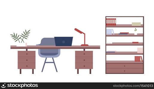Office furniture flat color vector objects. Company employee, freelancer work place isolated cartoon illustration for web graphic design and animation. Desktop with laptop and bookcase with documents. Office furniture flat color vector objects