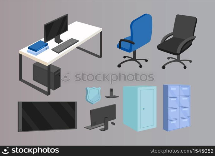 Office furniture flat color vector objects set. Police department, business company furnishing. Workplace interior elements isolated cartoon illustrations pack for web graphic design and animation. Office furniture flat color vector objects set