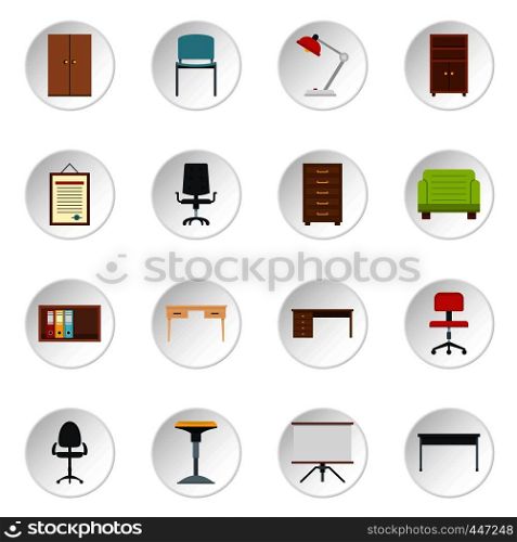 Office furniture icons set in flat style isolated vector icons set illustration. Office furniture icons set in flat style