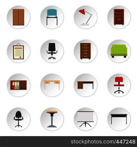 Office furniture icons set in flat style isolated vector icons set illustration. Office furniture icons set in flat style