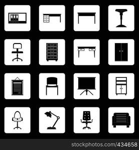 Office furniture icons set in white squares on black background simple style vector illustration. Office furniture icons set squares vector