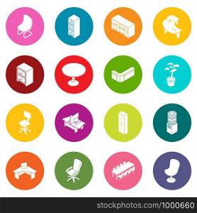 Office furniture icons set vector colorful circles isolated on white background . Office furniture icons set colorful circles vector