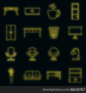 Office furniture interior icons set. Illustration of 16 office furniture interior vector icons neon color on black. Office furniture interior icons set vector neon