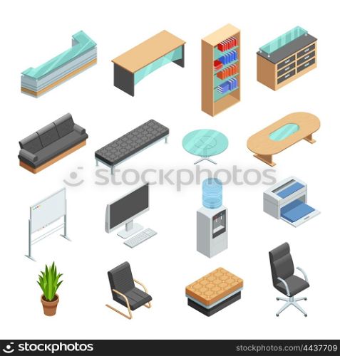 Office Furniture Isometric Icons Set. Office furniture isometric icons collection with desk computer whiteboard and leather manager chair abstract isolated vector illustration
