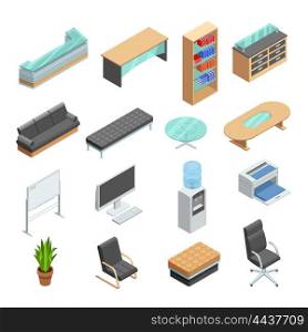 Office Furniture Isometric Icons Set. Office furniture isometric icons collection with desk computer whiteboard and leather manager chair abstract isolated vector illustration
