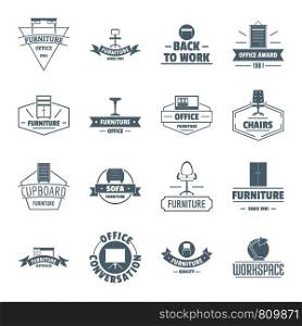 Office furniture logo icons set. Simple illustration of 16 office furniture logo vector icons for web. Office furniture logo icons set, simple style