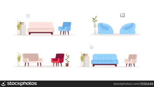 Office furniture semi flat RGB color vector illustration set. Psychologist office. Comfortable workplace, corporate interior. Couche isolated cartoon objects on white background collection. Office furniture semi flat RGB color vector illustration set