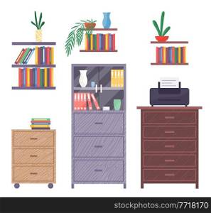 Office furniture set. Collection includes shelves with books, cabinets, chest of drawers, houseplants, paper box and printer. Furnishing, decorative elements and appliances for office interior. Office furniture set includes shelves with books, cabinets, houseplants, paper box, a printer