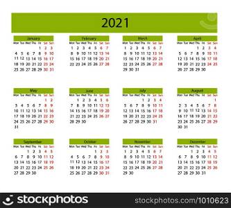office green calendar 2021 in flat style, vector illustration. office green calendar 2021 in flat style, vector