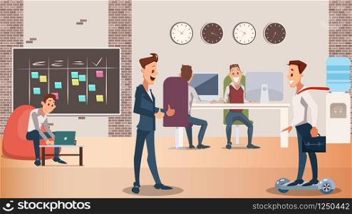 Office Group of Creative People Work Together. Modern Device in Coworking Center Laptop, Hover Board. Coworker in Casual and Formal Wear in Open Space Interior. Flat Cartoon Vector Illustration. Office Group of Creative People Work Together