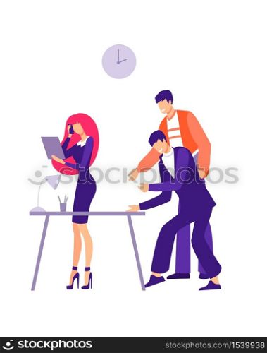 Office harassment problem illustration. Two male worker characters are trying to grossly pester girl employee gender issues and racial humiliation depressive working vector moments.. Office harassment problem illustration. Two male worker characters are trying to grossly pester girl employee.