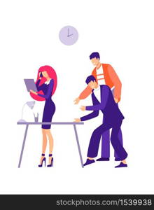 Office harassment problem illustration. Two male worker characters are trying to grossly pester girl employee gender issues and racial humiliation depressive working vector moments.. Office harassment problem illustration. Two male worker characters are trying to grossly pester girl employee.