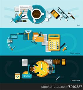 Office horizontal banner set with flat daily routine business elements isolated vector illustration. Office Banner Set