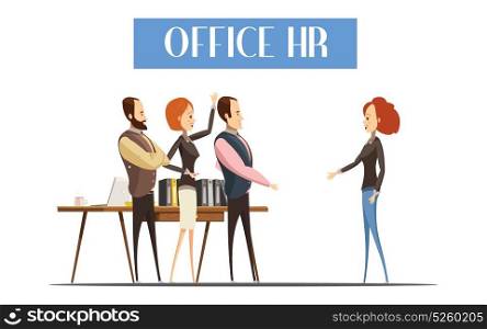 Office HR Cartoon Style Illustration. Young woman during communication with staff of office HR design in cartoon style vector illustration