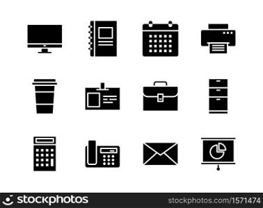Office icon set solid style. Symbols for website, magazine, app and design.